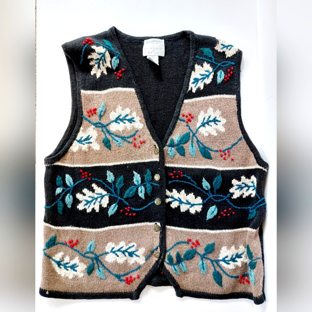 Vine & Leaf Sweater Vest size Medium Christopher & Banks Autumn‎ Harvest